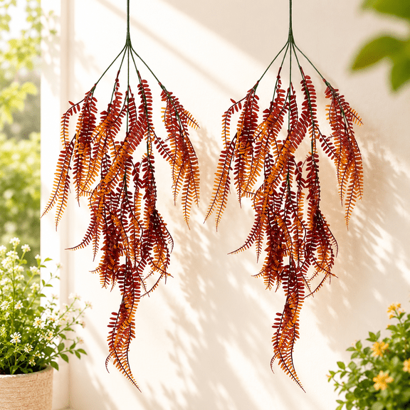 Artificial Hanging Fern Leaves Autumn Red Brown Faux Vines Real Touch Cascading Greenery 31.5 in Fall Foliage Hanging Spray for Wall Planter 2 Pcs