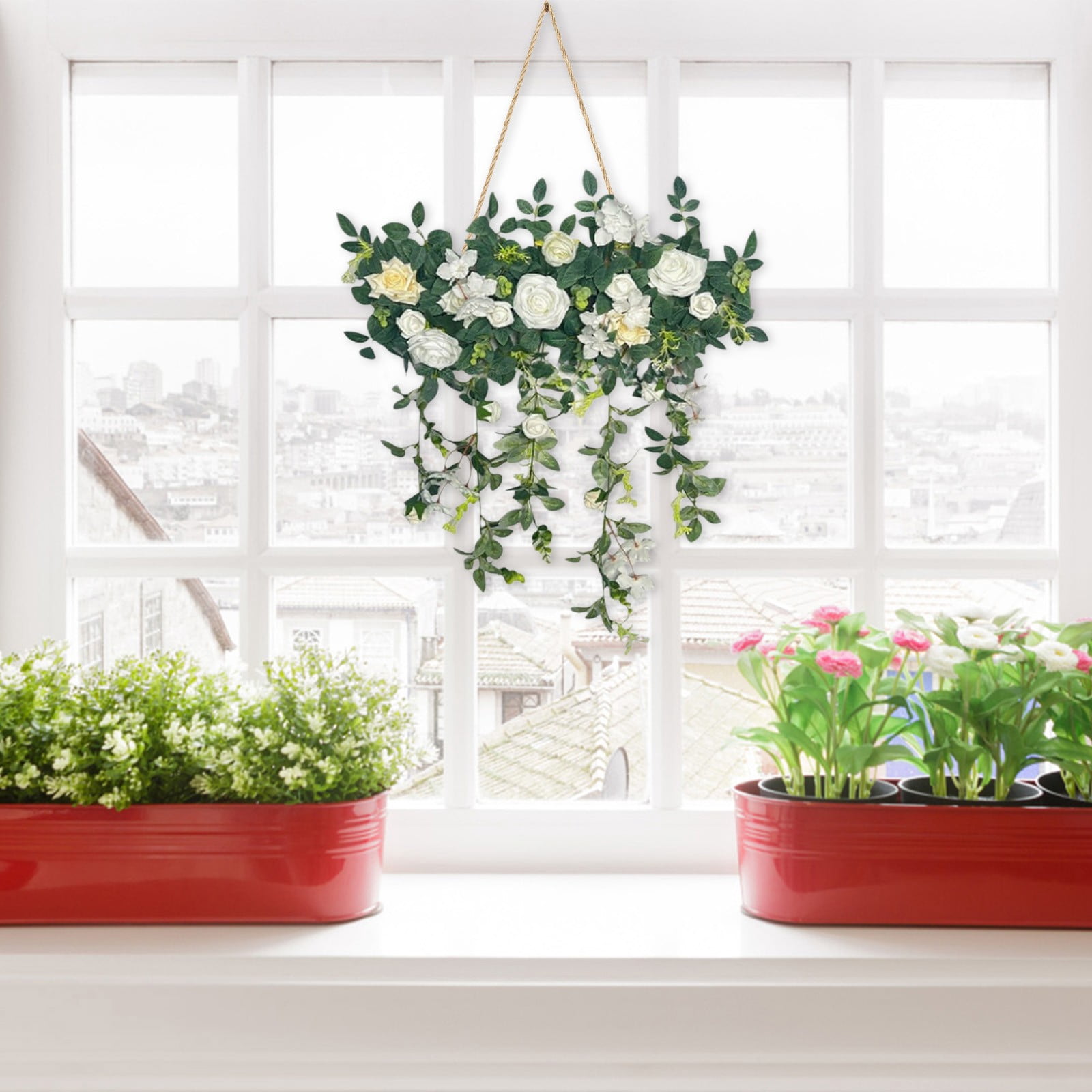 Artificial Hanging Floral Swag, Fake Rose Wall Hanging, UV Resistant Faux Floral Bouquet with Lush Foliage, Hanging Wall Decor for Spring Garden Wedding Home Office Kitchen Table Vase, White