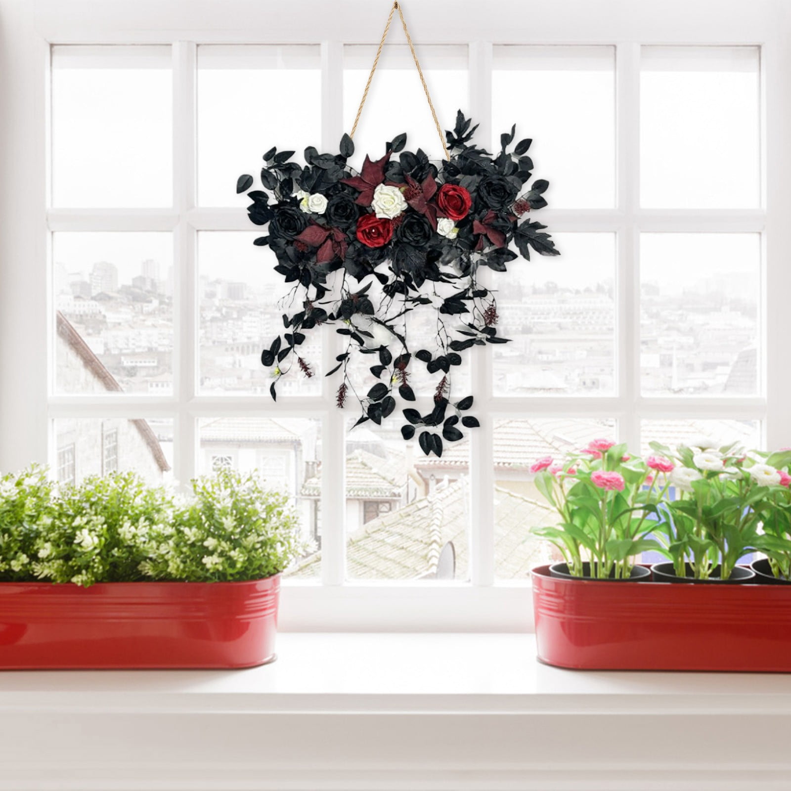 Artificial Hanging Floral Swag, Fake Rose Wall Hanging, UV Resistant Faux Floral Bouquet with Lush Foliage, Hanging Wall Decor for Spring Garden Wedding Home Office Kitchen Table Vase, Black