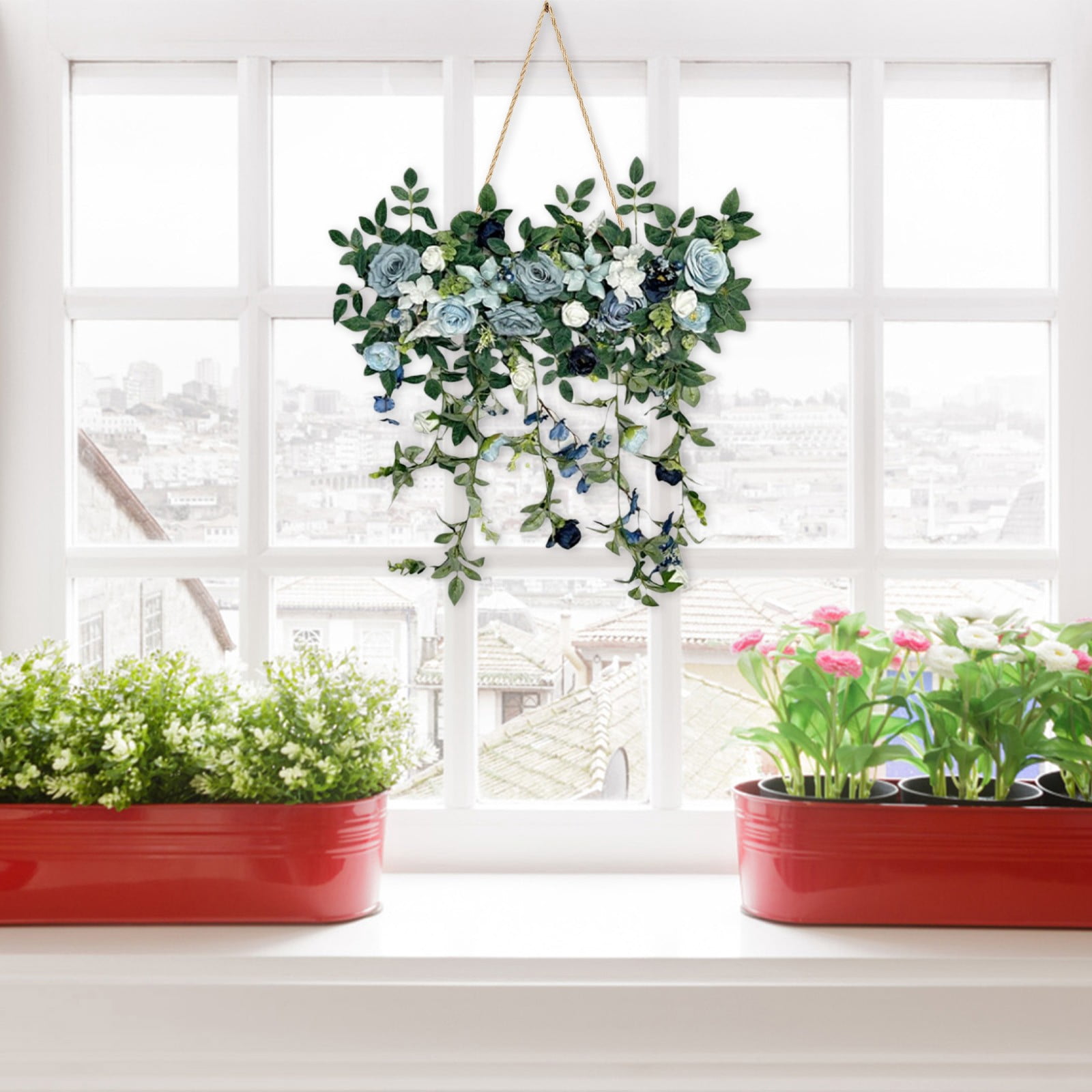 Artificial Hanging Floral Swag, Fake Rose Wall Hanging, UV Resistant Faux Floral Bouquet with Lush Foliage, Hanging Wall Decor for Spring Garden Wedding Home Office Kitchen Table Vase, Blue