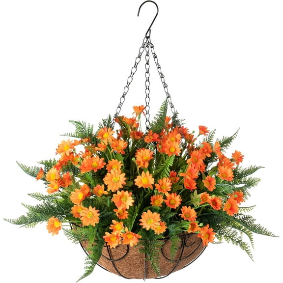 Artificial Hanging Flower in Basket for Home Courtyard Decoration, Artificial Silk Chrysanthemum and AFern Arrangement in inch Coconut Lining Hanging Basket for Outdoors Indoors Decor(Orange)