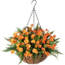 Artificial Hanging Flower in Basket for Home Courtyard Decoration, Artificial Silk Chrysanthemum and AFern Arrangement in inch Coconut Lining Hanging Basket for Outdoors Indoors Decor(Orange)