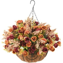 Artificial Hanging Flower in Basket Outdoor Indoor Patio Lawn Decor,Fall Silk Rose Flowers Arrangements in Vase,Fake Rose Bouquets with Flowerpot for Garden Porch Decor(Hemispherical)