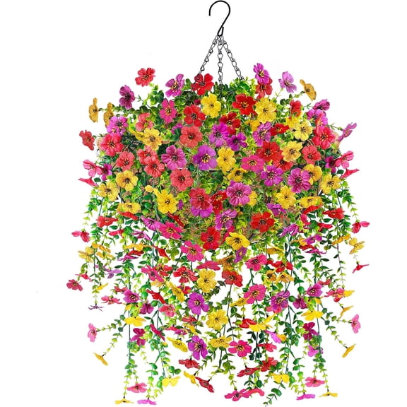 Artificial Hanging Flower Basket for Outdoors Fake Hanging Flowers Plants with 4 Faux Silk Trailing Vines for Porch Patio Balcony Spring Decor
