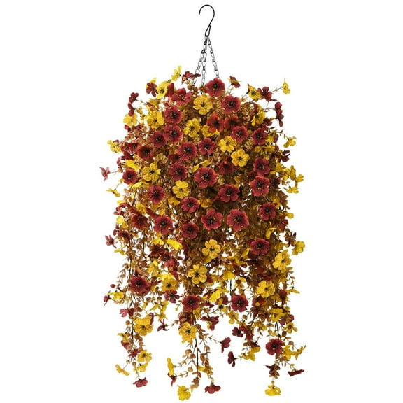 Artificial Hanging Flower Basket with Faux Daisy Plants, Outdoor Fake Flowers for Porch Patio Garden Home Decor, Dark Red With Yellow, Flowers