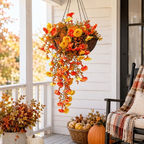 Artificial Hanging Flower Vines 29.92in Long Trailing Fake Morning Glory Garland for Porch Balcony Fall Decor Plastic Autumn Thanksgiving Garland for Front Door Wall Mantel Home Decoration