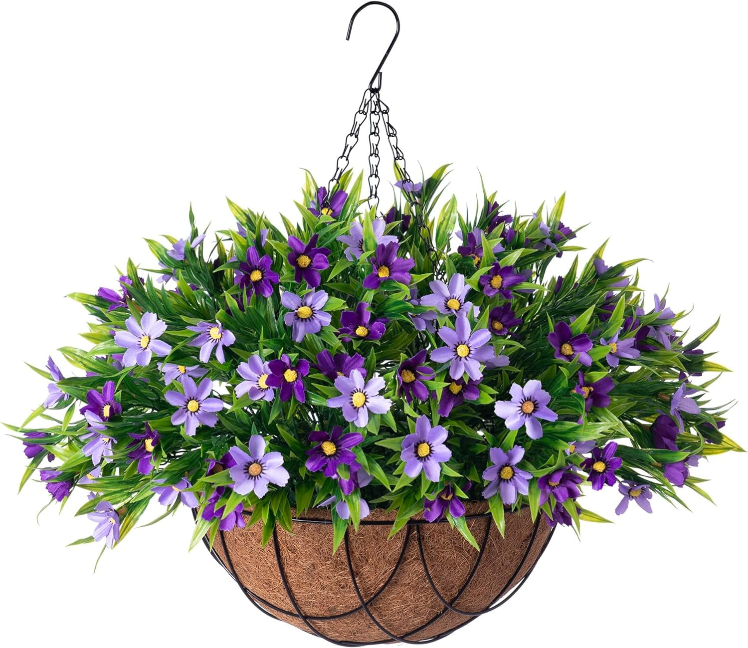 Artificial Hanging Flowers with 12" Basket for Outdoor Decor, Faux Silk Daisy Flower UV Resistant Plants Arrangements Decoration for Indoor Porch Garden Yard(Purple)