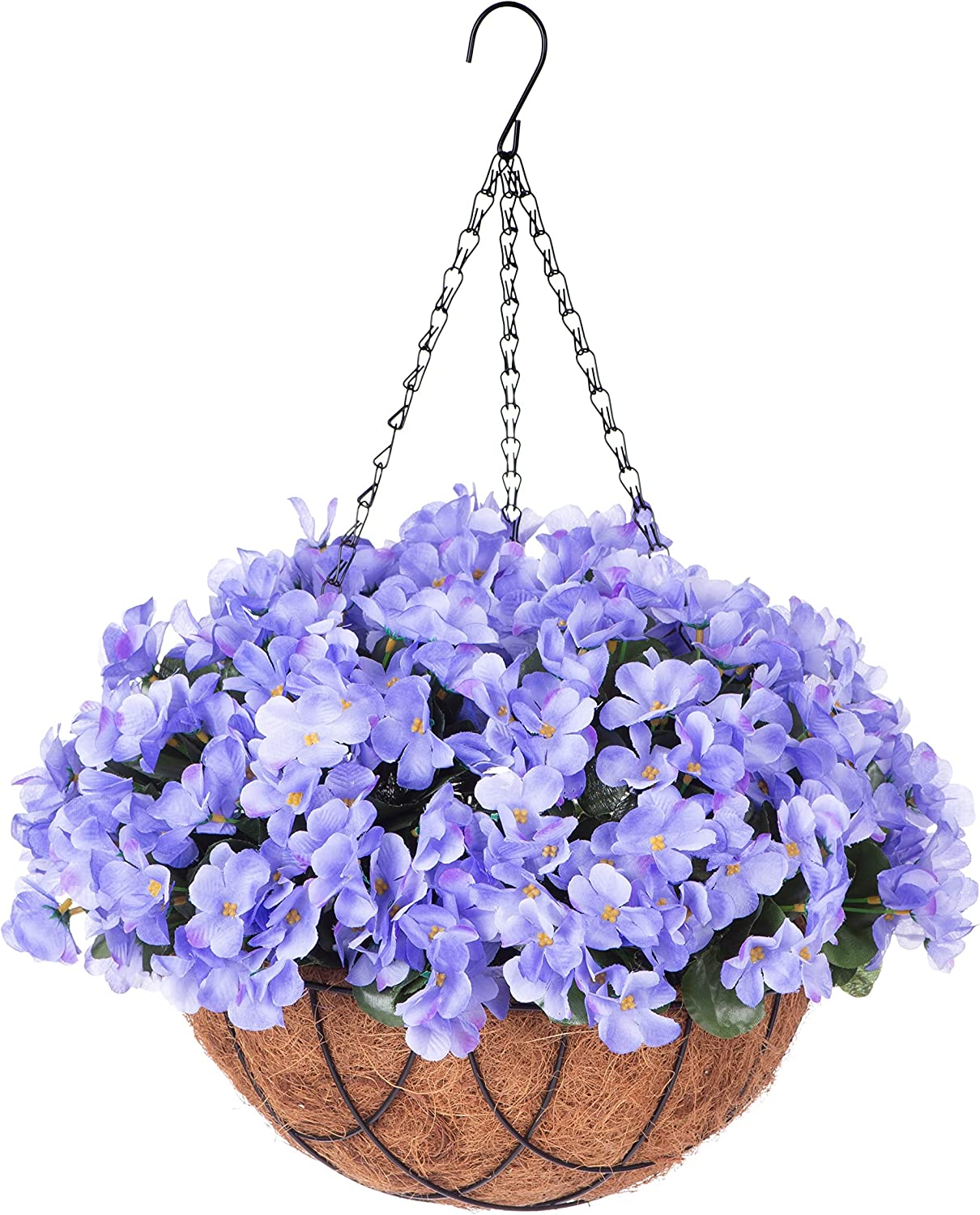 Artificial Hanging Flowers with 12" Basket Outdoor Spring Summer Decor, Fake Hydrangea UV Resistant Arrangements in Pot Planter Decor for Indoor Porch Garden Yard (Double Blue)