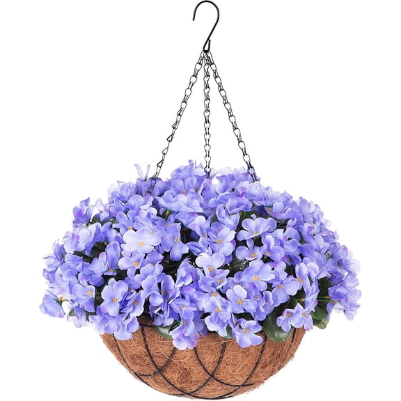 Artificial Hanging Flowers with 12" Basket Outdoor Spring Summer Decor, Fake Hydrangea UV Resistant Arrangements in Pot Planter Decor for Indoor Porch Garden Yard (Double Blue)