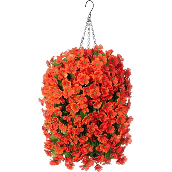 Artificial Hanging Flowers in 12 inch Basket, Fake Plant Silk Orchid Flower Arrangement with Coconut Lining Pot Planter for Patio Garden Porch Deck Spring Decoration(Rose and Pink)