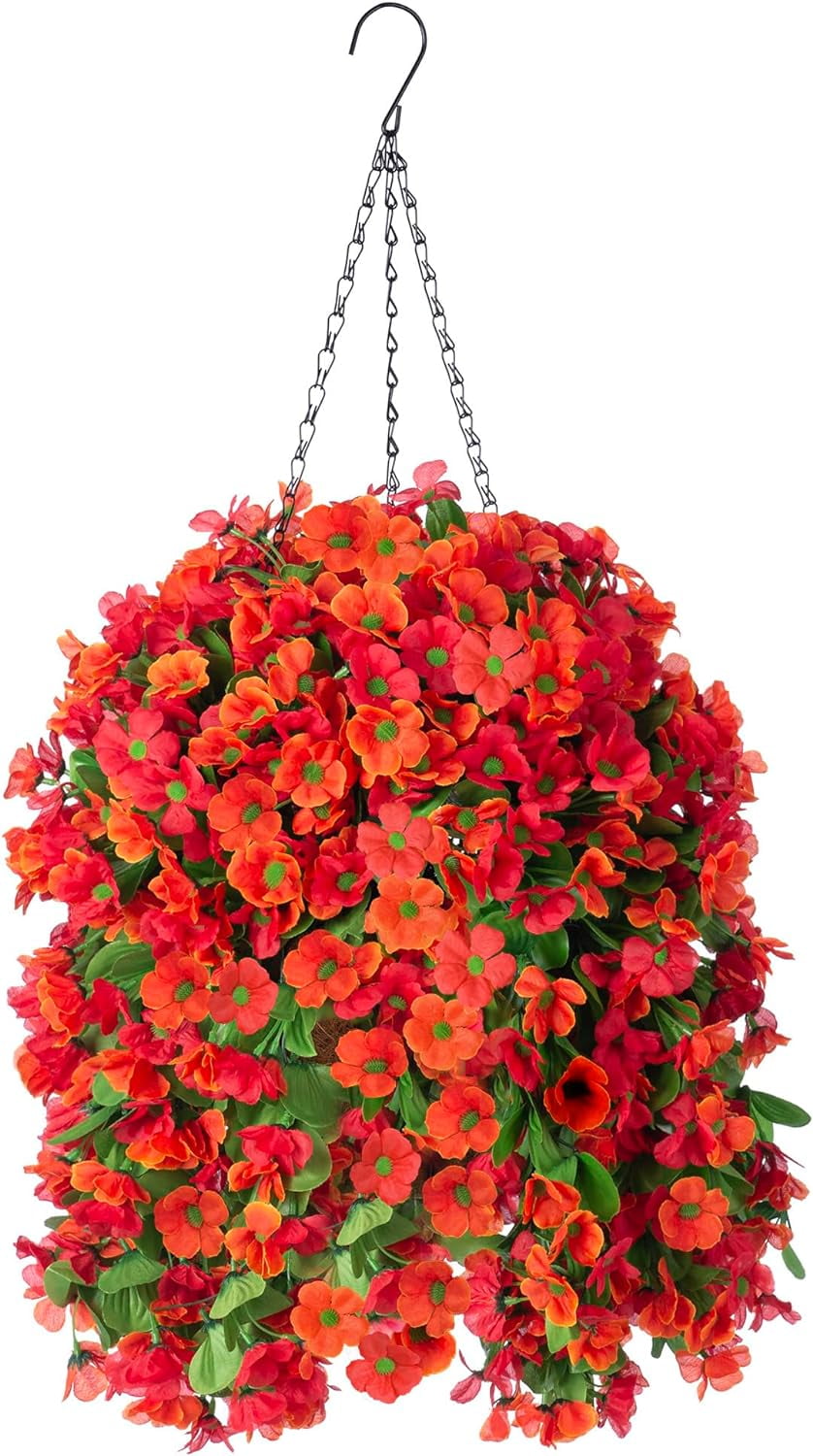 Artificial Hanging Flowers in 12 inch Basket, Fake Plant Silk Orchid Flower Arrangement with Coconut Lining Pot Planter for Patio Garden Porch Deck Spring Decoration(Rose and Pink)