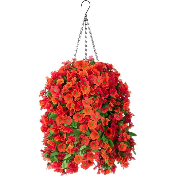 Artificial Hanging Flowers in 12 inch Basket, Fake Plant Silk Orchid Flower Arrangement with Coconut Lining Pot Planter for Patio Garden Porch Deck Spring Decoration(Rose and Pink)