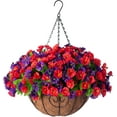 thumbnail image 1 of Artificial Hanging Flowers 12 inch Basket, Faux Silk Petunias Flower Arrangement,Coconut Lining Planter with Morning Glories Patio Garden Porch Deck Spring Summer Decor(Lotus and Fuchsia), 1 of 6