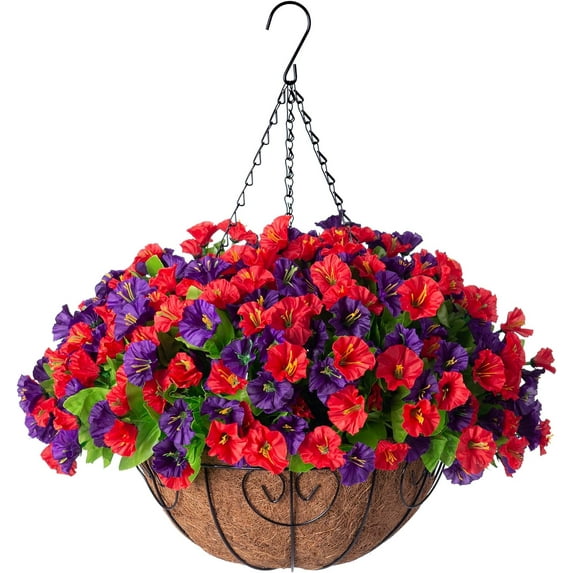 Artificial Hanging Flowers 12 inch Basket, Faux Silk Petunias Flower Arrangement,Coconut Lining Planter with Morning Glories Patio Garden Porch Deck Spring Summer Decor(Lotus and Fuchsia)