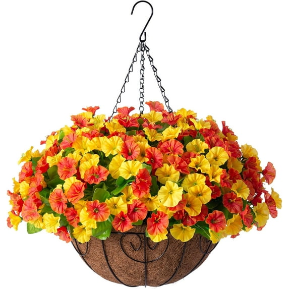 Artificial Hanging Flowers 12 inch Basket, Faux Silk Petunias Flower Arrangement,Coconut Lining Planter with Morning Glories Plants Patio Garden Porch Deck Spring Decor(Lotus and Fuchsia)