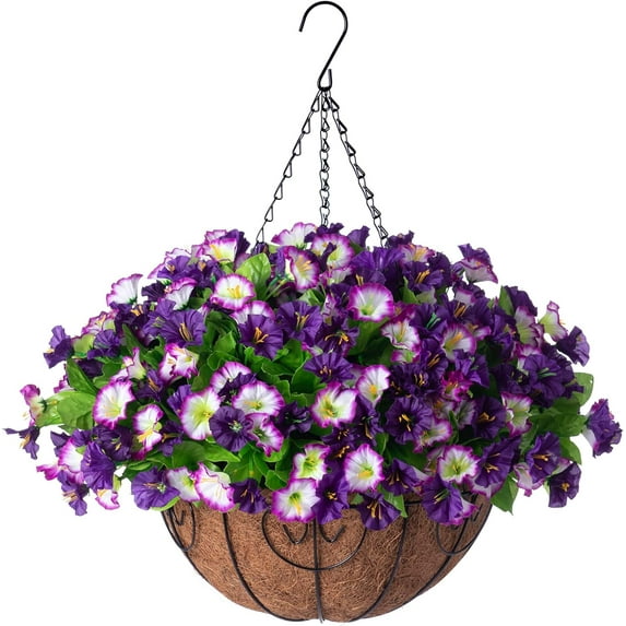 Artificial Hanging Flowers 12 inch Basket, Faux Silk Petunias Flower Arrangement,Coconut Lining Pot Planter with Morning Glories Patio Garden Porch Deck Spring Summer Decor(Purple Edge)