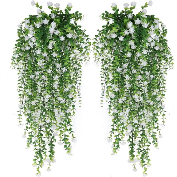 Artificial Hanging Flowers, 2pcs Fake Eucalyptus Vine Faux Flower Greenery Garland Plastic Plants for Indoor Outdoor Wall Garden Wedding Home Party Decor (White,78cm long)