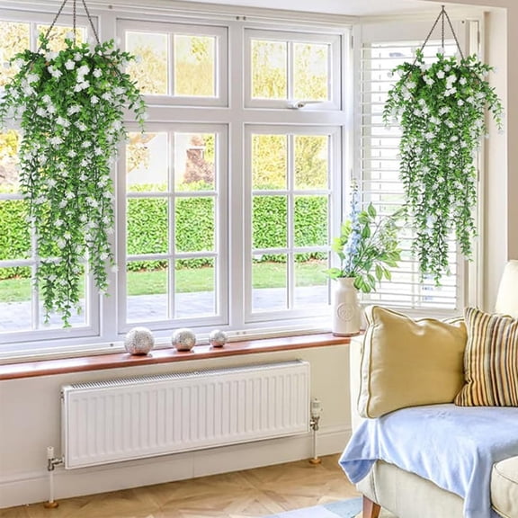 Artificial Hanging Flowers, 3pcs Fake Eucalyptus Vine Faux Flower Greenery Garland Plastic Plants for Indoor Outdoor Wall Garden Wedding Home Party Decor white