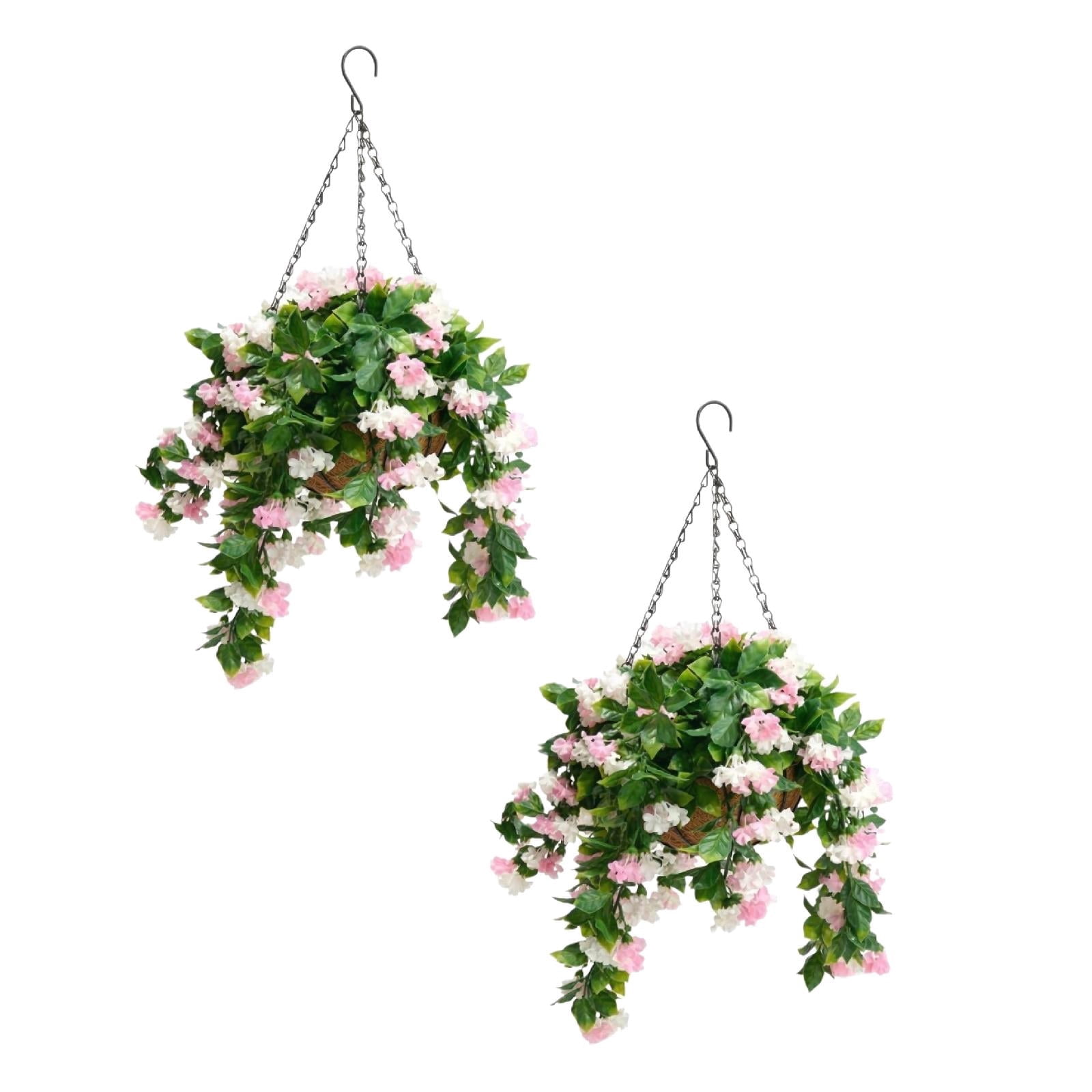 Artificial Hanging Flowers in Basket, 27.5" Silk Violet & Myrtle Hanging Plants with Coco Coir Liner, UV Resistant Faux Flowers for Outdoor Patio Garden Porch Home Decor, Set of 2
