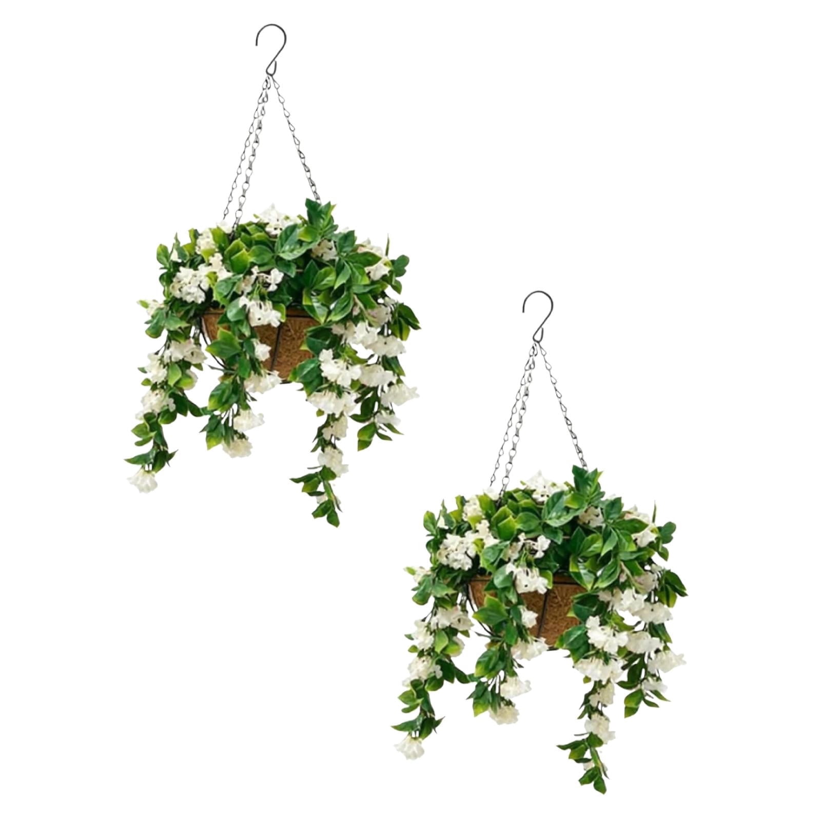 Artificial Hanging Flowers in Basket, 27.5" Silk Violet & Myrtle Hanging Plants with Coco Coir Liner, UV Resistant Faux Flowers for Outdoor Patio Garden Porch Home Decor, Set of 2