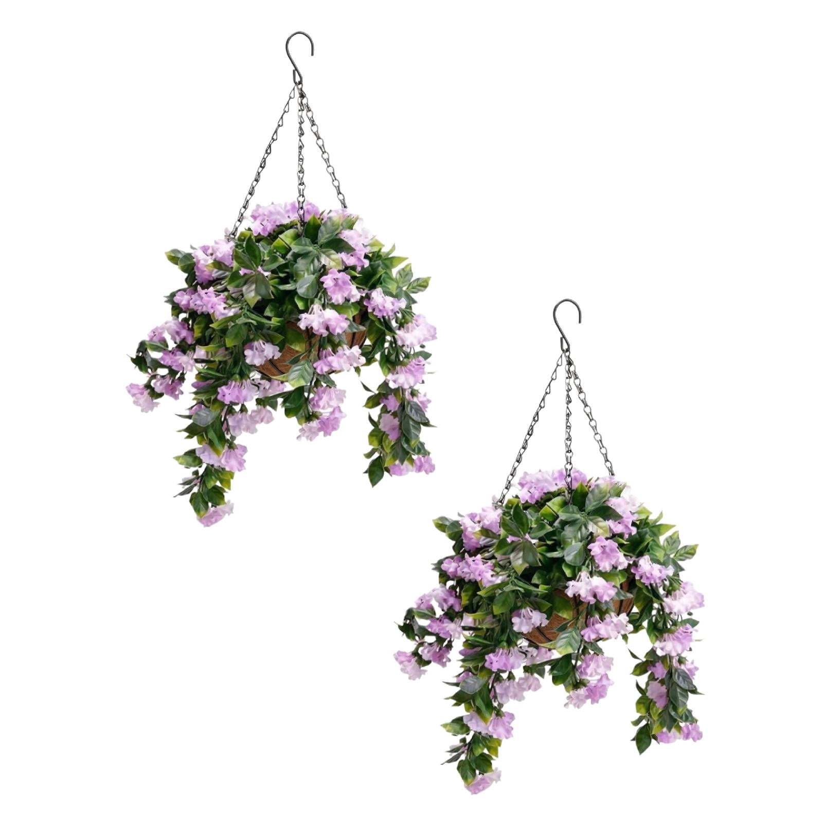 Artificial Hanging Flowers in Basket, 27.5" Silk Violet & Myrtle Hanging Plants with Coco Coir Liner, UV Resistant Faux Flowers for Outdoor Patio Garden Porch Home Decor, Set of 2