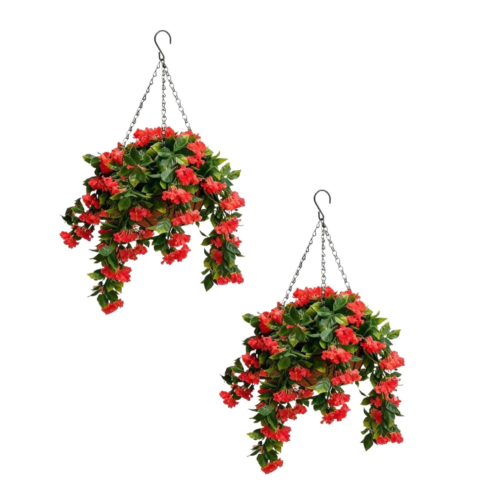 Artificial Hanging Flowers in Basket, 27.5" Silk Violet & Myrtle Hanging Plants with Coco Coir Liner, UV Resistant Faux Flowers for Outdoor Patio Garden Porch Home Decor, Set of 2