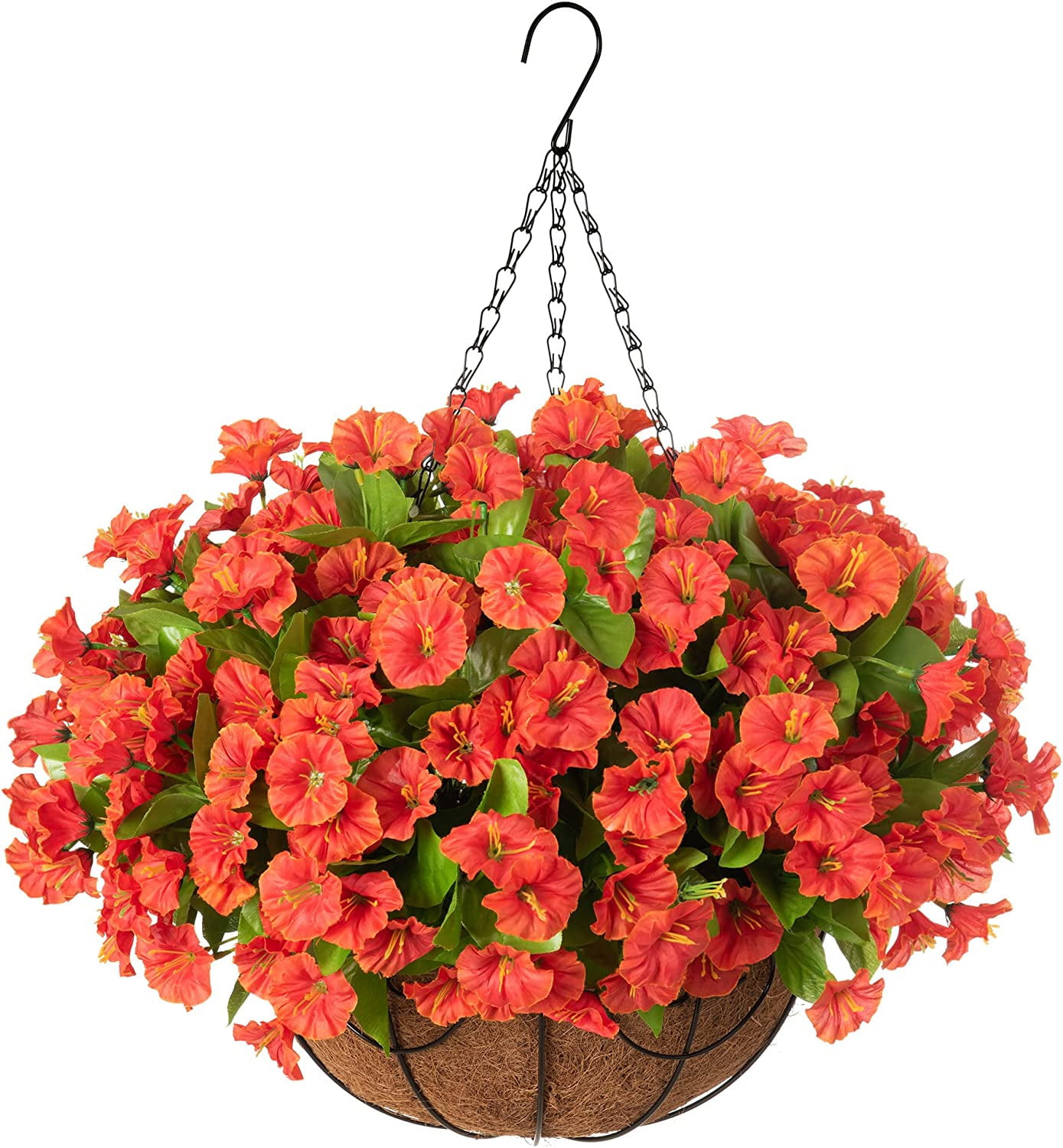 Artificial Hanging Flowers in Basket, Artificial Petunias Arrangement, inch Coconut Lining Basket with Morning Glories Fake Plants for Patio Garden Porch Deck Spring Decoration(Fuchsia)