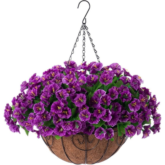 Artificial Hanging Flowers in Basket, Artificial Petunias Arrangement, inch Coconut Lining Basket with Morning Glories Fake Plants for Patio Garden Porch Deck Spring Decoration(Fuchsia)