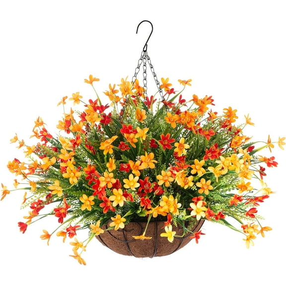 Artificial Hanging Flowers with Basket, Artificial Violets Arrangement,Orchids Fake Plants in 12 inch Coconut Lining Basket for Patio Garden Porch Deck Decoration A