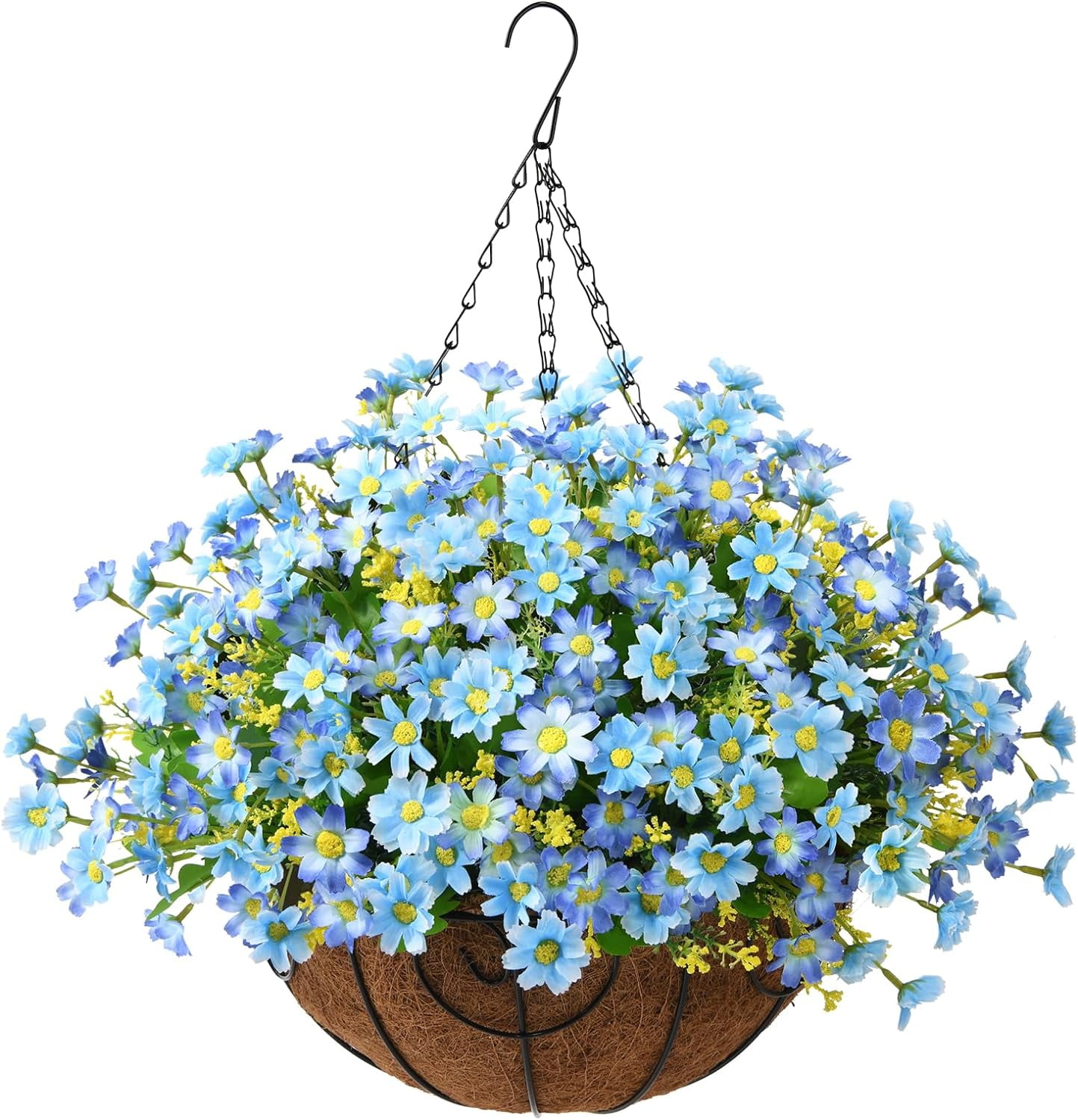 Artificial Hanging Flowers in Basket,Fake Daisy Plants Arrangement,inch Coconut Lining Basket Hanging Plant,Outdoor Indoor Patio Lawn Garden Porch Spring Decor (Dark Purple)
