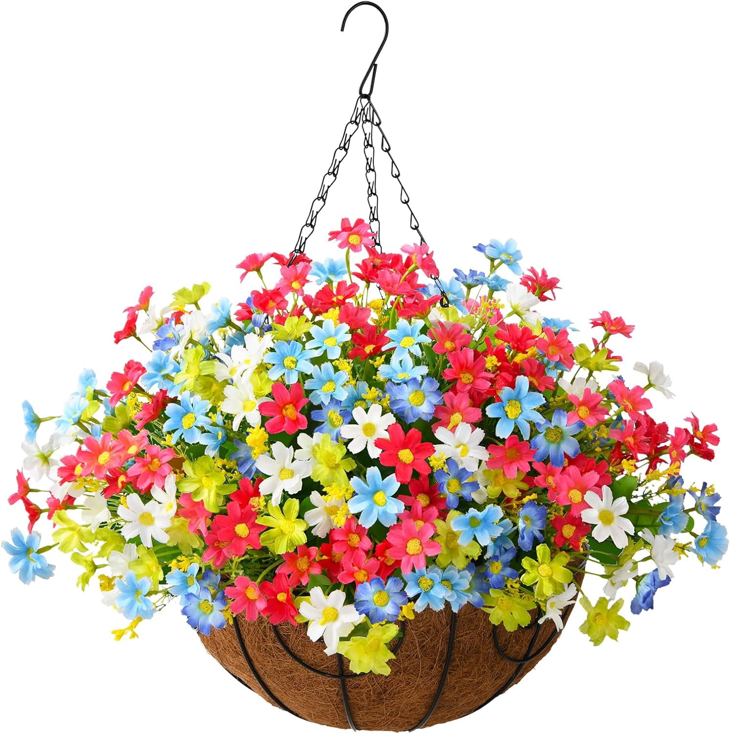 Artificial Hanging Flowers in Basket,Fake Daisy Plants Arrangement,inch Coconut Lining Basket Hanging Plant,Outdoor Indoor Patio Lawn Garden Porch Spring Decor (Dark Purple)