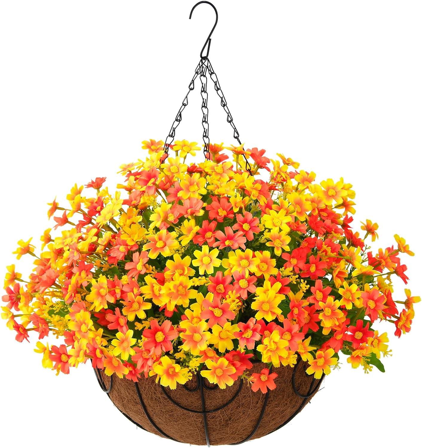 Artificial Hanging Flowers in Basket,Fake Daisy Plants Arrangement,inch Coconut Lining Basket Hanging Plant,Outdoor Indoor Patio Lawn Garden Porch Spring Decor (Dark Purple)