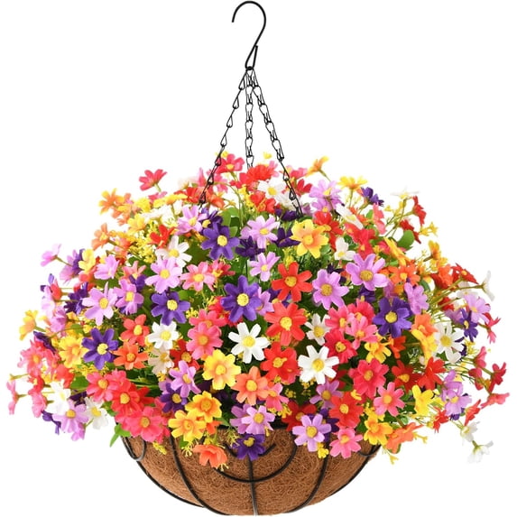 Artificial Hanging Flowers in Basket,Fake Daisy Plants Arrangement,inch Coconut Lining Basket Hanging Plant,Outdoor Indoor Patio Lawn Garden Porch Spring Decor (Dark Purple)