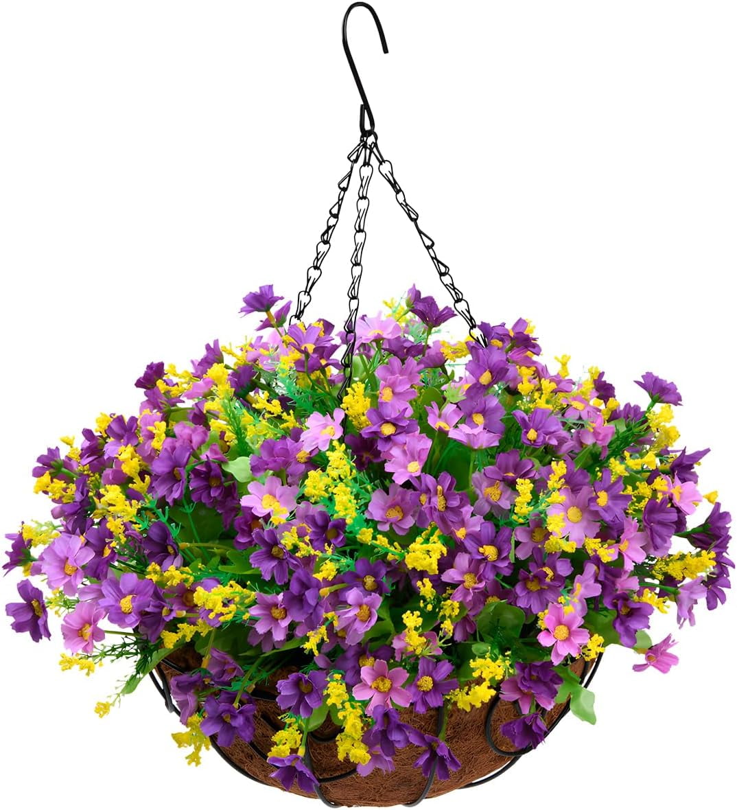 Artificial Hanging Flowers in Basket,Fake Daisy Plants Arrangement,inch Coconut Lining Basket Hanging Plant,Outdoor Indoor Patio Lawn Garden Porch Spring Decor (Dark Purple)