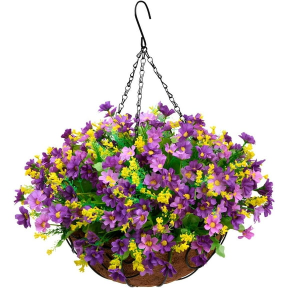 Artificial Hanging Flowers in Basket,Fake Daisy Plants Arrangement,inch Coconut Lining Basket Hanging Plant,Outdoor Indoor Patio Lawn Garden Porch Spring Decor (Dark Purple)