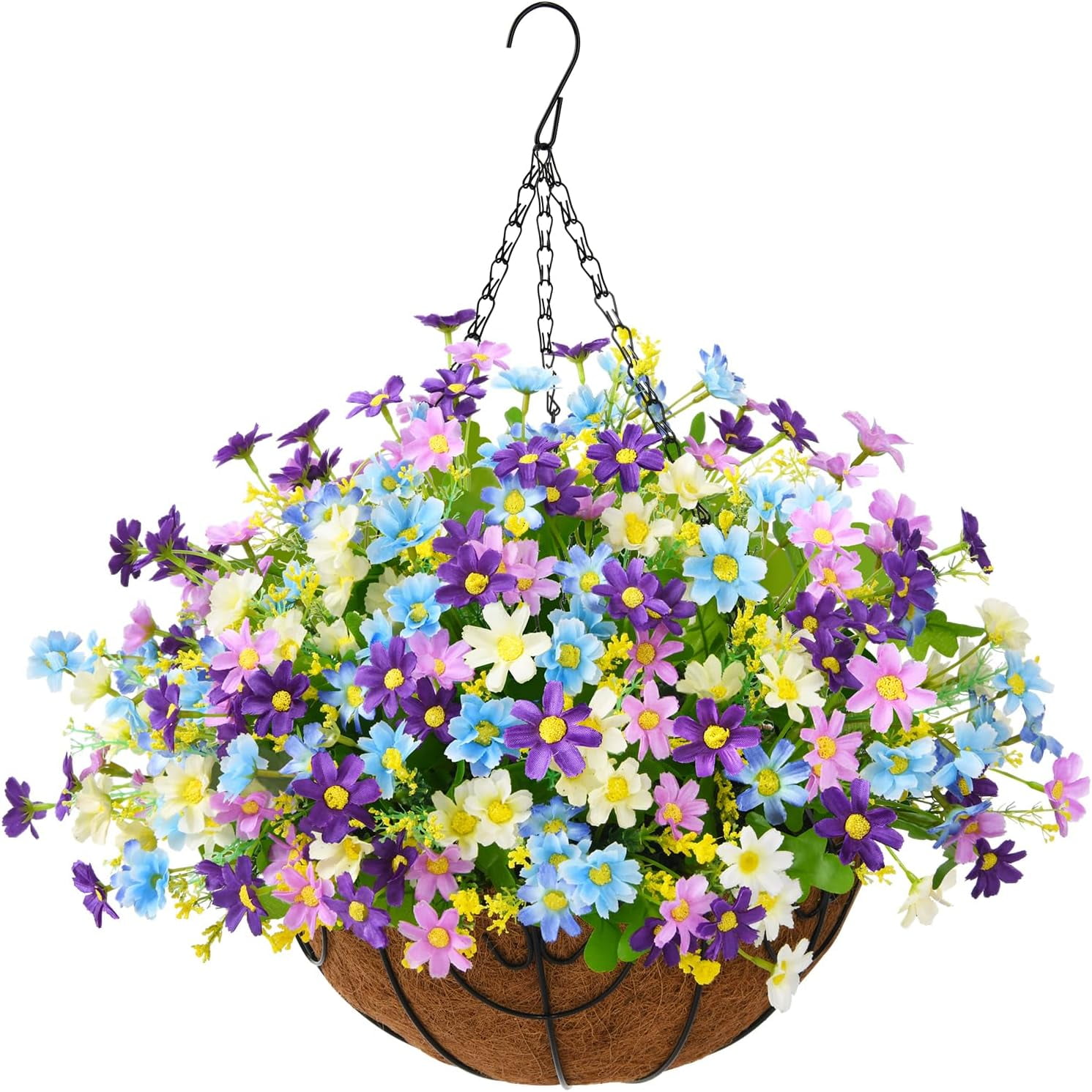 Artificial Hanging Flowers in Basket,Fake Daisy Plants Arrangement,inch Coconut Lining Basket Hanging Plant,Outdoor Indoor Patio Lawn Garden Porch Spring Decor (Dark Purple)