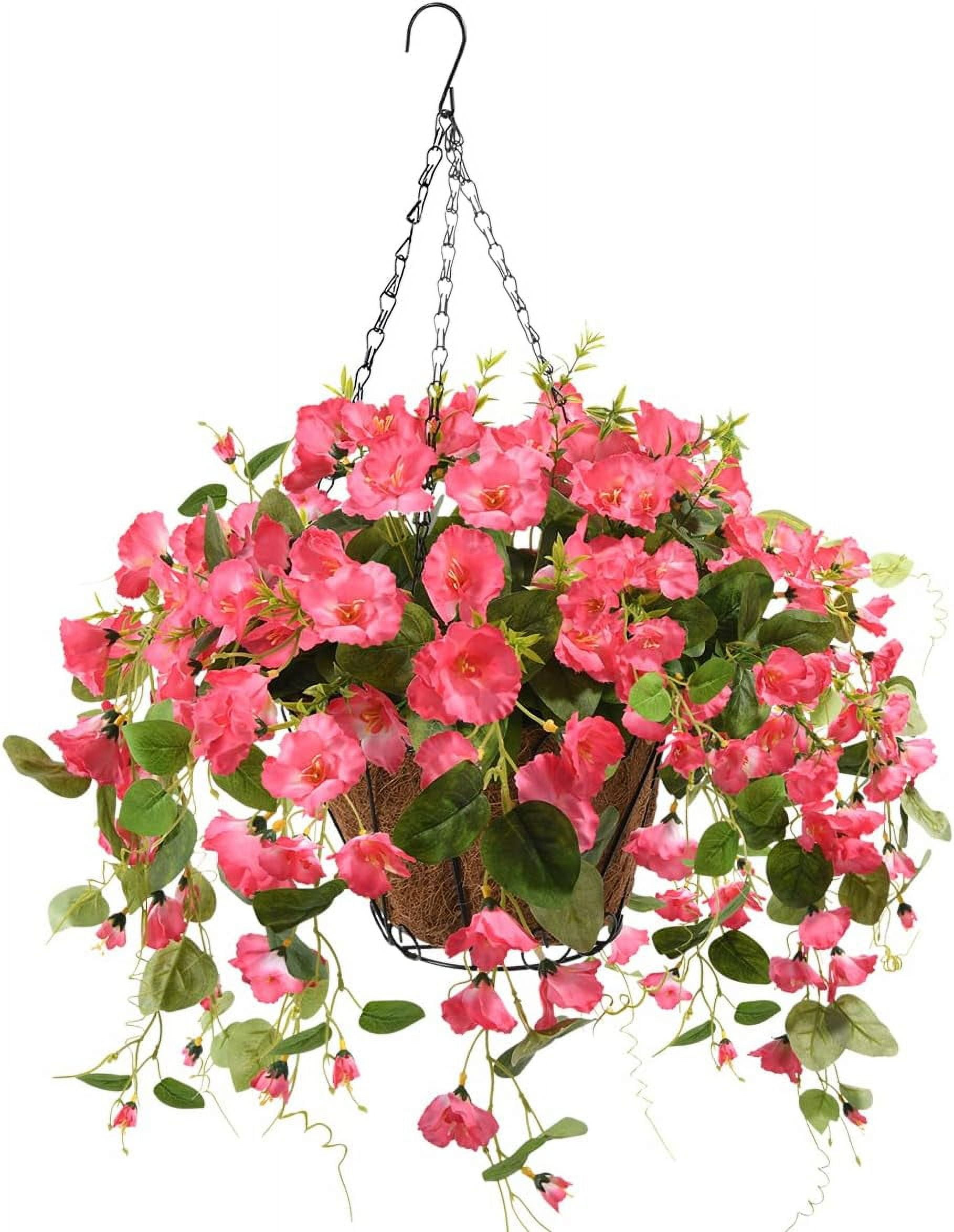 Artificial Hanging Flowers Basket,Fake Hanging Plant,4 Packs Faux Flower Daisies Coconut Lining Hanging Baskets for Patio Garden Porch Deck Decoration(Red)