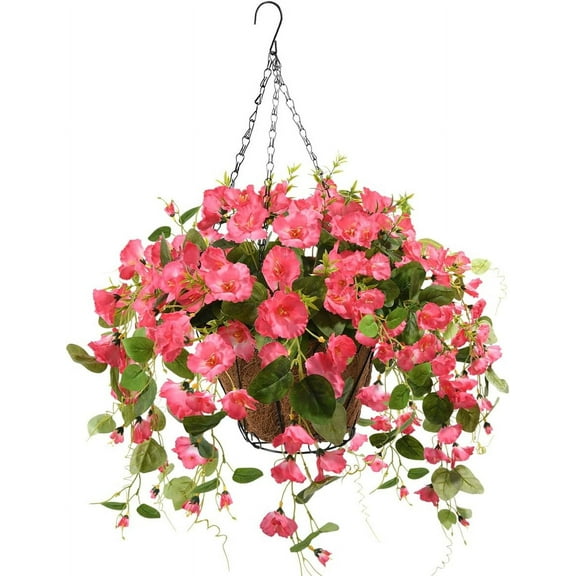 Artificial Hanging Flowers Basket,Fake Hanging Plant,4 Packs Faux Flower Daisies Coconut Lining Hanging Baskets for Patio Garden Porch Deck Decoration(Red)