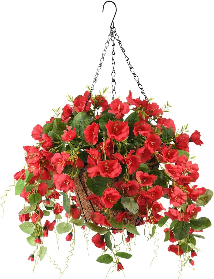 Artificial Hanging Flowers Basket,Fake Hanging Plant,4 Packs Faux Flower Daisies Coconut Lining Hanging Baskets for Patio Garden Porch Deck Decoration(Red)