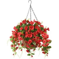 Artificial Hanging Flowers Basket,Fake Hanging Plant,4 Packs Faux Flower Daisies Coconut Lining Hanging Baskets for Patio Garden Porch Deck Decoration(Red)