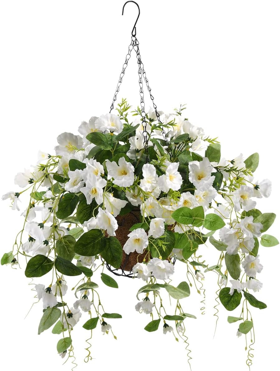 Artificial Hanging Flowers Basket,Fake Hanging Plant,4 Packs Faux Flower Daisies Coconut Lining Hanging Baskets for Patio Garden Porch Deck Decoration(Red)