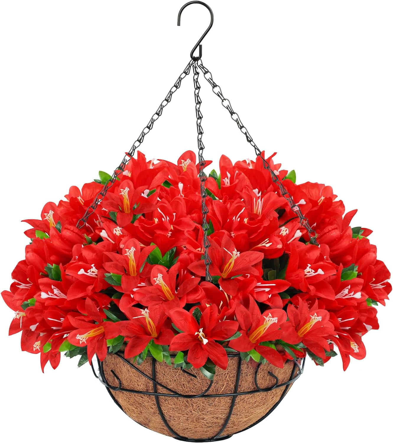 Artificial Hanging Flowers Basket, Fake Plants, Faux Silk Daisy Eucalyptus, for Spring Summer Outdoor Decoration, UV Resistant, Coconut Planter, Look Real for Patio Garden Yard Decor (Rosered+Pink)