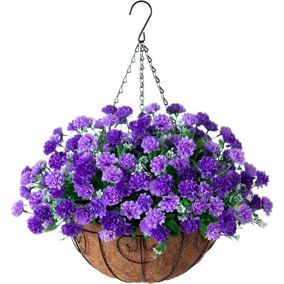 Artificial Hanging Flowers in Basket, Fake Silk Hanging Planter, Faux Colorful Daisy Vines Arrangement with Coconut Lining Baskets Outdoors Indoors Courtyard Spring Decor(Darkorchid)
