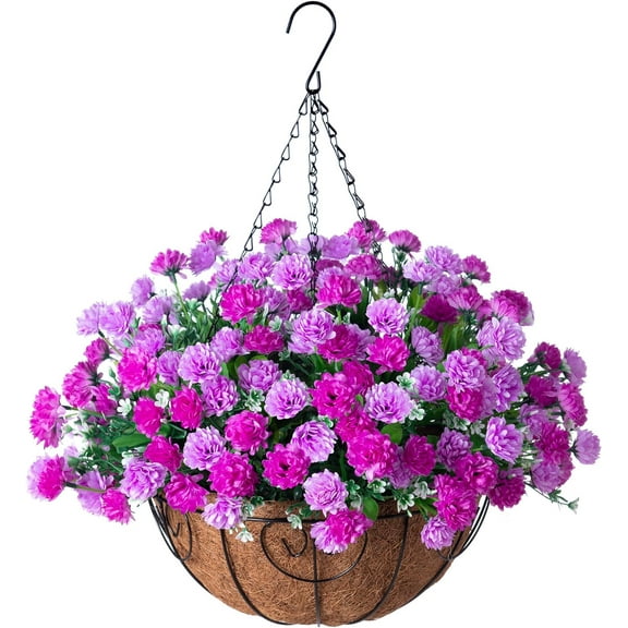 Artificial Hanging Flowers in Basket, Fake Silk Hanging Planter, Faux Colorful Daisy Vines Arrangement with Coconut Lining Baskets Outdoors Indoors Courtyard Spring Decor(Darkorchid)