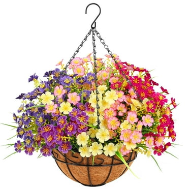 Artificial Hanging Flowers with Basket, Faux Silk Flowers in Coconut Lining Basket, Fake Hanging Plants for Outdoors Indoors Garden Patio Yard Porch Lawn, Mixed Color
