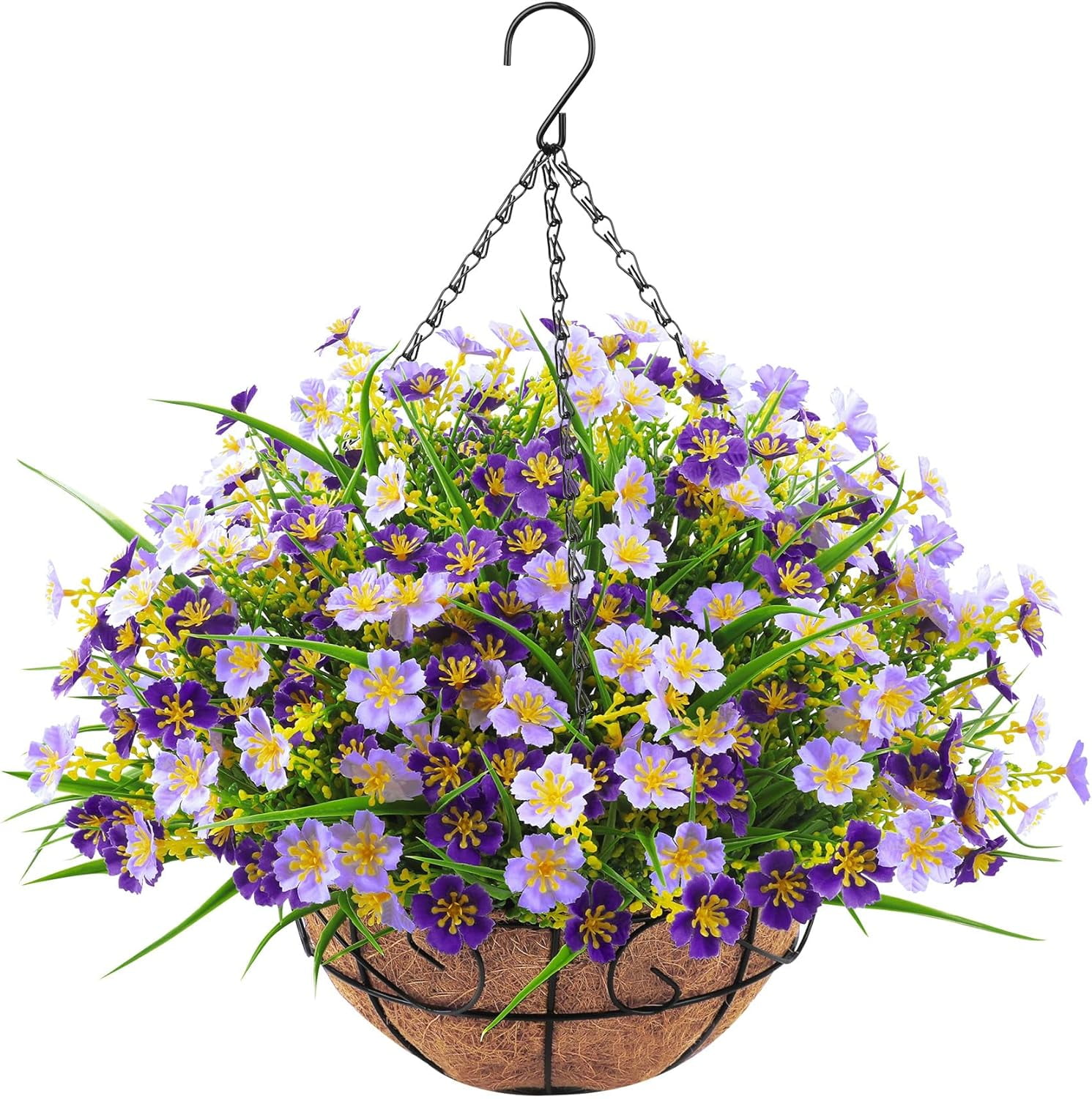 Artificial Hanging Flowers with Basket, Faux Silk Flowers in Coconut Lining Basket, Fake Hanging Plants for Outdoors Indoors Garden Patio Yard Porch Lawn, Purple