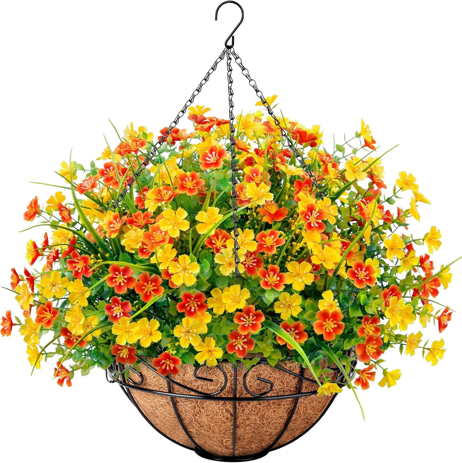 Artificial Hanging Flowers with Basket, Faux Silk Flowers in Coconut Lining Basket, Spring Summer Outdoor Decor Fake Hanging Plants for Garden Patio Yard Porch Lawn, Mixed Color