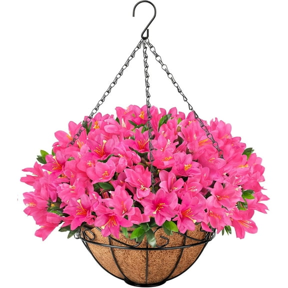 Artificial Hanging Flowers with Basket, Faux Silk Petunias Flower Arrangement, Coconut Lining with Morning Glories Fake Plants Patio Garden Porch Deck Spring Summer Decor
