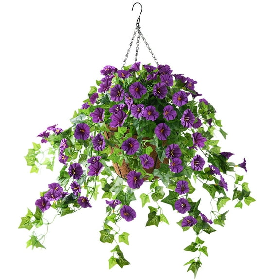 Artificial Hanging Flowers in Basket,Lvy Basket with Artificial Morning Glories Flowers Hanging Plant for The Decoration of Courtyard, Outdoors and Indoors(Purple)