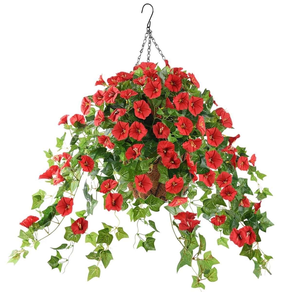Artificial Hanging Flowers in Basket Outdoor Indoor Patio Garden Decor, Faux Flower Centerpieces,Fake Silk Hanging Basket Morning Glories Flowers Plants with Cane Weaves Flowerpot (Red)
